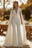 Elfenben V-hals Cape Ärm Bröllop Jumpsuits