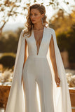 Elfenben V-hals Cape Ärm Bröllop Jumpsuits