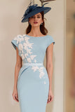 Ljusblå Appliqued Sheath Midi Klänning för Brudens Mor