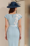 Ljusblå Appliqued Sheath Midi Klänning för Brudens Mor