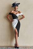 Svart Och Vit Off The Shoulder Bodycon Midi Klänning För Brudens Mor Med Slits
