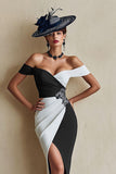 Svart Och Vit Off The Shoulder Bodycon Midi Klänning För Brudens Mor Med Slits