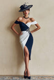 Svart Och Vit Off The Shoulder Bodycon Midi Klänning För Brudens Mor Med Slits