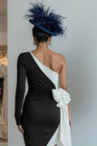 Svart Bodycon One Shoulder Midi Klänning för Brudens Mor med Rosett