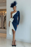 Svart Bodycon One Shoulder Midi Klänning för Brudens Mor med Rosett