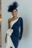 Svart Bodycon One Shoulder Midi Klänning för Brudens Mor med Rosett