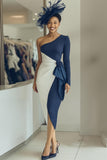 Vit Marinblå One Shoulder Bodycon Midi Klänning för Brudens Mor med Skärp