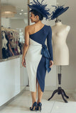 Vit Marinblå One Shoulder Bodycon Midi Klänning för Brudens Mor med Skärp