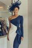 Vit Marinblå One Shoulder Bodycon Midi Klänning för Brudens Mor med Skärp