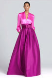 Fuchsia och magenta Satin V-ringad A-linje lång formell klänning med ärmar