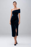 Marinblå One Shoulder Midi Slida Sammet Formell Klänning med slits