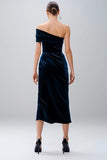 Marinblå One Shoulder Midi Slida Sammet Formell Klänning med slits
