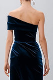 Marinblå One Shoulder Midi Slida Sammet Formell Klänning med slits