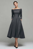 Mörkgrå A Line Bateau Neck Work Dress med långa ärmar
