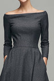 Mörkgrå A Line Bateau Neck Work Dress med långa ärmar