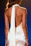 Vit Satin Mermaid Halter Lång Pageant Klänning med Cape