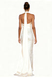 Glittrande vit Satin Mermaid Halter Lång formell klänning
