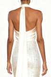 Glittrande vit Satin Mermaid Halter Lång formell klänning