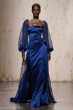 Royal Blue Satin A Line Rynkad Formell Klänning Med Långa Ärmar