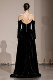 Svart Sammet Off The Shoulder Lång Formell Klänning Med Slits