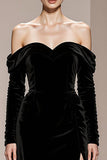 Svart Sammet Off The Shoulder Lång Formell Klänning Med Slits