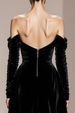 Svart Sammet Off The Shoulder Lång Formell Klänning Med Slits