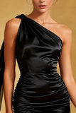 Svart Bodycon Satin Kort Cocktailklänning med Side Cape