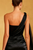 Svart Bodycon Satin Kort Cocktailklänning med Side Cape