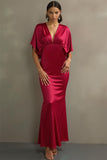 Fuchsia Satin Mermaid V-ringad Lång Formell Klänning