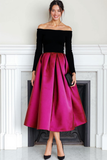 Fuchsia Svart Sammet Off The Shoulder Lång Aftonklänning Med Ärmar