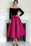 Fuchsia Svart Sammet Off The Shoulder Lång Aftonklänning Med Ärmar