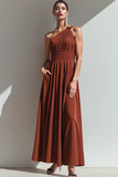 Terrakotta One Shoulder A Line Maxi Aftonklänning med Ficka