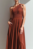 Terrakotta One Shoulder A Line Maxi Aftonklänning med Ficka