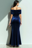 Marinblå Sjöjungfru Sammet Off The Shoulder Maxi Aftonklänning