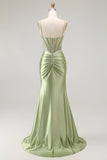 Grön Sjöjungfru Spaghettiband Korsett Satin Rynkad Lång Balklänning med Slits