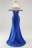 Royal Blue Mermaid Off The Shoulder Korsett Lång Balklänning med Beading