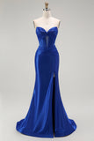 Royal Blue Mermaid Axelbandslös Pärlstav Korsett Lång Balklänning med Slits