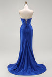 Royal Blue Mermaid Axelbandslös Pärlstav Korsett Lång Balklänning med Slits