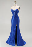 Royal Blue Mermaid Axelbandslös Pärlstav Korsett Lång Balklänning med Slits