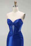 Royal Blue Mermaid Axelbandslös Pärlstav Korsett Lång Balklänning med Slits