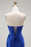 Royal Blue Mermaid Axelbandslös Pärlstav Korsett Lång Balklänning med Slits