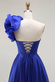 Royal Blue One Shoulder Korsett En linje Satin Lång Balklänning med slits