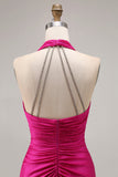 Fuchsia Halter Rynkad Sjöjungfru Lång Balklänning Med Spalt