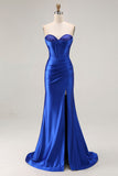 Royal Blue Axelbandslös pärlstav Korsett Mermaid Plisserad Lång Balklänning med slits
