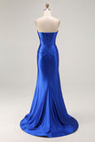 Royal Blue Axelbandslös pärlstav Korsett Mermaid Plisserad Lång Balklänning med slits