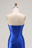 Royal Blue Axelbandslös pärlstav Korsett Mermaid Plisserad Lång Balklänning med slits