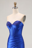 Royal Blue Axelbandslös pärlstav Korsett Mermaid Plisserad Lång Balklänning med slits