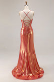 Metallic Orange Mermaid pärlstav rynkad lång balklänning med slits