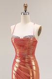 Metallic Orange Mermaid pärlstav rynkad lång balklänning med slits