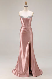 Dusty Rose Mermaid Axelbandslös pärlstav Korsett Satin Lång Balklänning med slits